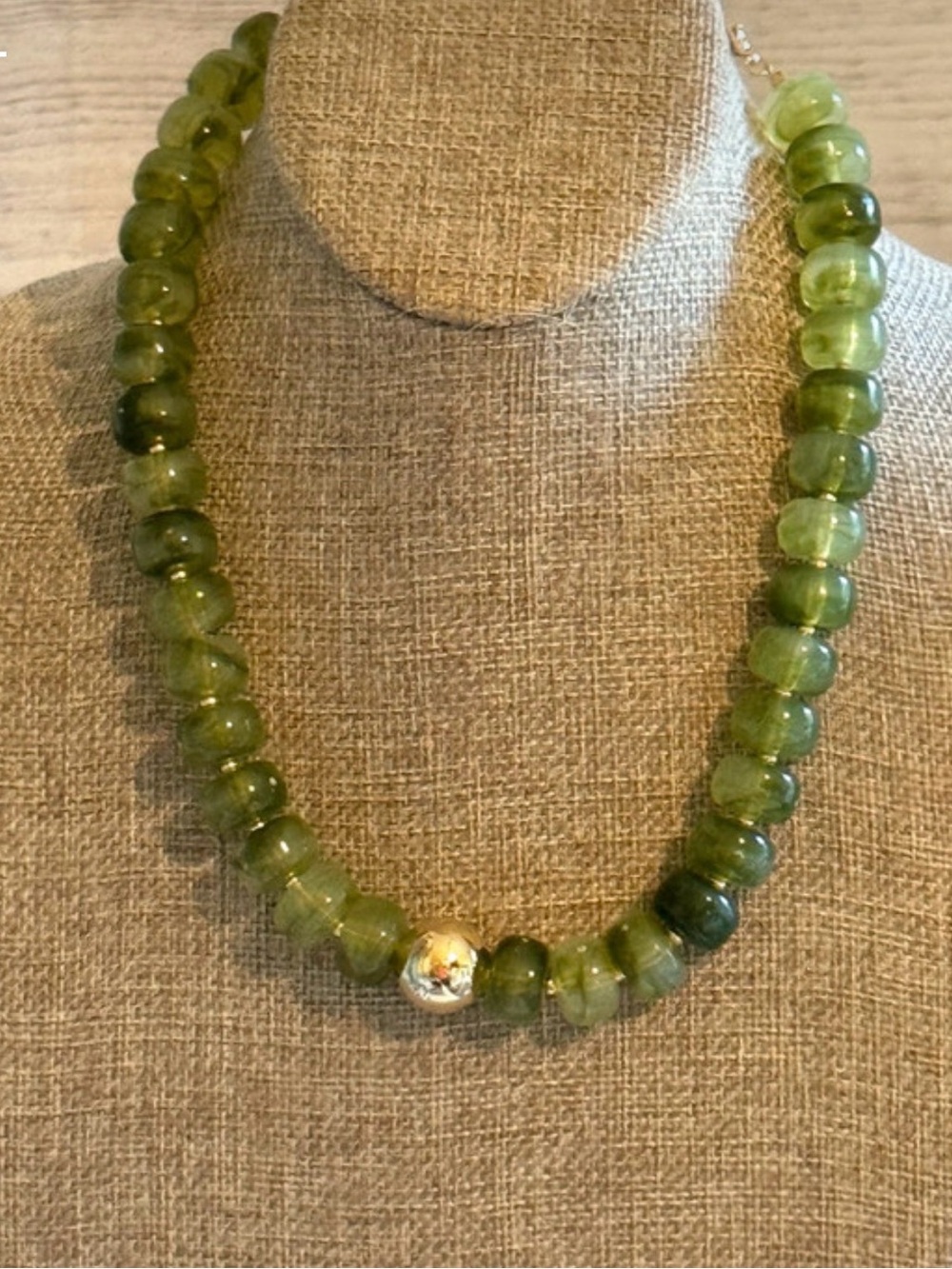 Handcrafted Green Glass Bead Necklace with Silver Accent